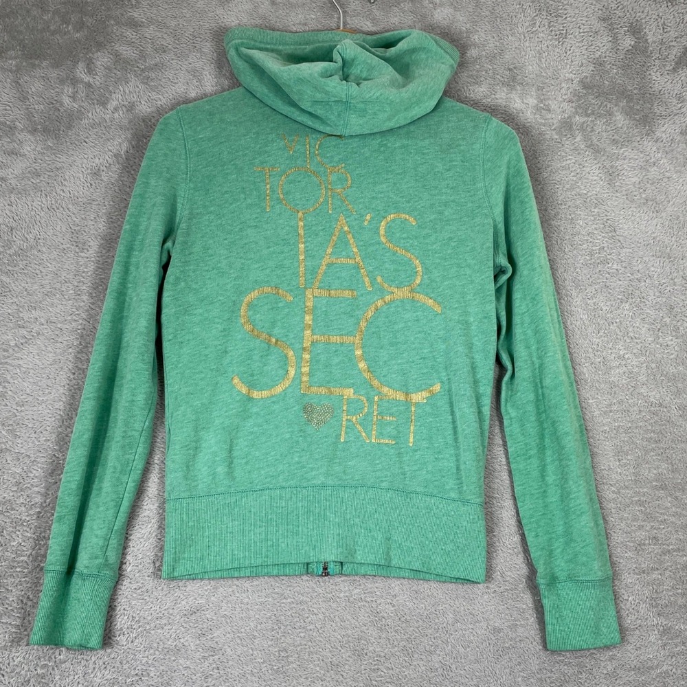 Victoria's Secret Hoodie Womens XS Green Gold Graphic Logo Zip Up Y2K Slim Fit